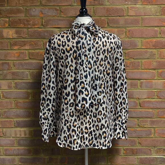 Ann Taylor Leopard Tie Neck Long Sleeve Blouse Size Medium - Picture 3 of 5
